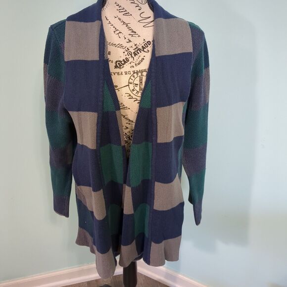 ModCloth Sweater 1x Green Blue Color Block Cardigan Open Front Knit - Picture 1 of 6